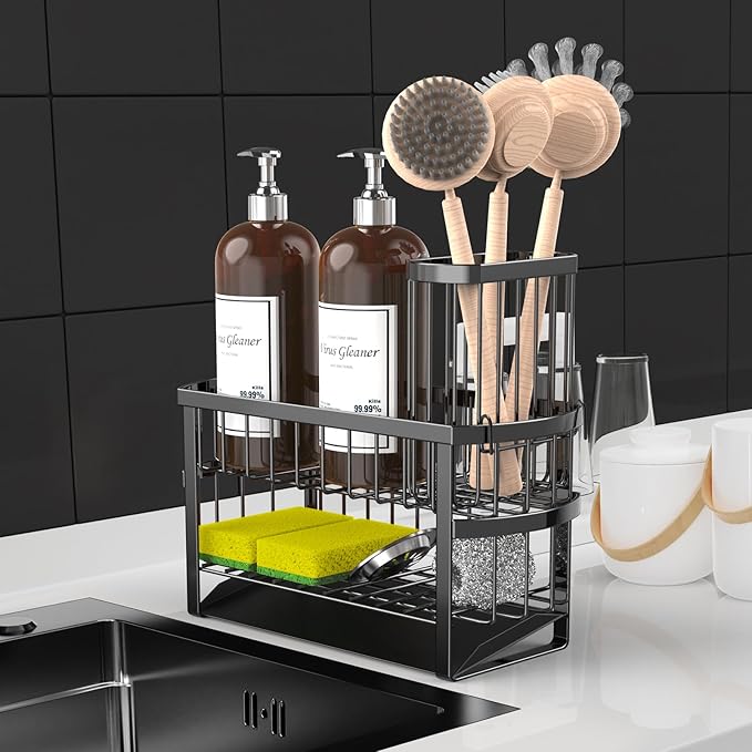 Kitchen Sink Organizer Caddy, 2 Tier Sink Caddy Organizer with High Brush Holder, Rust-Proof Countertop Rack (Black 10.6 * 4.3 * 5.7") for Kitchen Accessories & Dish Brushes - Image 2