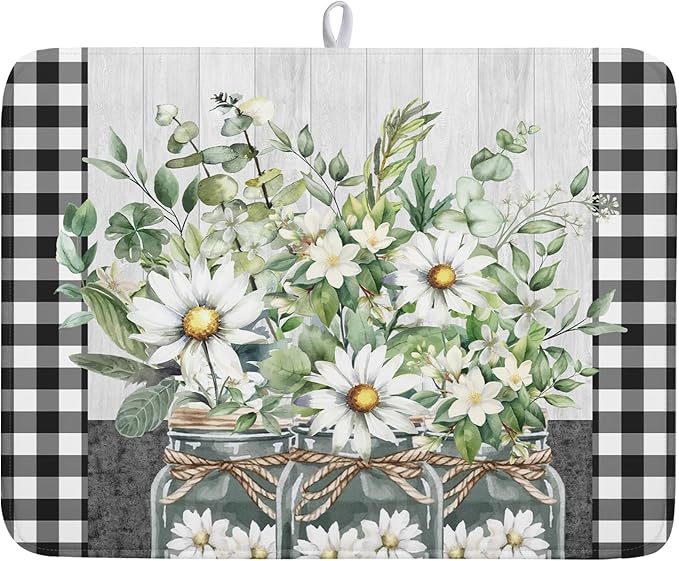 Spring Summer Daisy Floral Dish Drying Mat for Kitchen Counter Watercolor Flowers Absorbent Dishes Drainer Rack Mat 18x24 Inch Microfiber Dish Drying Pads Spring Kitchen Drying Dishes Pad Countertops