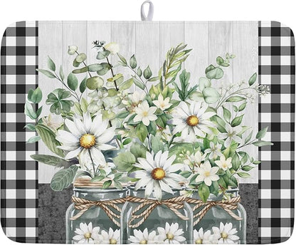 Spring Summer Daisy Floral Dish Drying Mat for Kitchen Counter Watercolor Flowers Absorbent Dishes Drainer Rack Mat 18x24 Inch Microfiber Dish Drying Pads Spring Kitchen Drying Dishes Pad Countertops