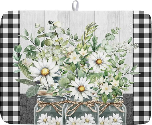 Spring Summer Daisy Floral Dish Drying Mat for Kitchen Counter Watercolor Flowers Absorbent Dishes Drainer Rack Mat 18x24 Inch Microfiber Dish Drying Pads Spring Kitchen Drying Dishes Pad Countertops