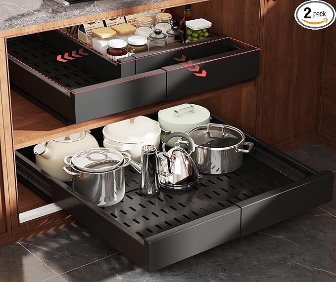 Seinloes 2 Pack Pull Out Cabinet Organizer Expandable Width(13"-21") and Depth(17"-24"),Slide Out Drawers with Raising Pad for Framed Cabinets,No Drill Roll Out Shelves for Kitchen,Bathroom,Black by Seinloes