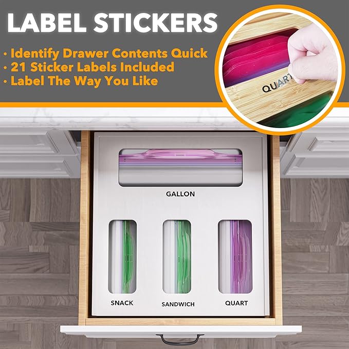 SpaceAid Bag Storage Organizer for Kitchen Drawer, Bamboo Organizer, Compatible with Gallon, Quart, Sandwich and Snack Variety Size Bag (1 Box 4 Slots), White - Image 4