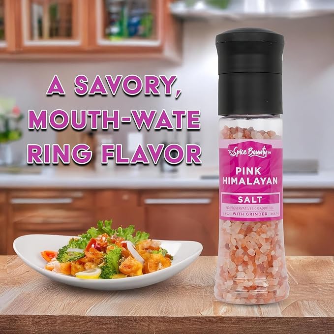 Spice Bounty Pink - Himalayan Salt Grinder – 12.9 oz Natural Coarse Rock Salt, Refillable Seasoning Mill, Premium Himalayan Pink Salt Crystals, No Additives