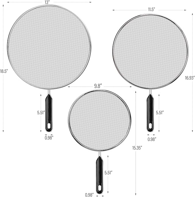 Splatter Screen for Frying Pan 13" 11.5" 9.8" Stainless Steel Fine Mesh Grease Splatter Guard with Comfort Silicone Handles and Resting Feet for Prevent Oil Splatter Safe Cooking - Image 3
