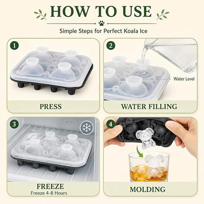 Koala Ice Cube Tray Mold - 3D Koala Shape Ice Cube Trays, Cute Ice Cube Molds for Whiskey Bourbon, 4-Hole Large Fun Shapes Ice Cube Trays, Funny Koala Gifts for Koala Animal Lovers Women Men