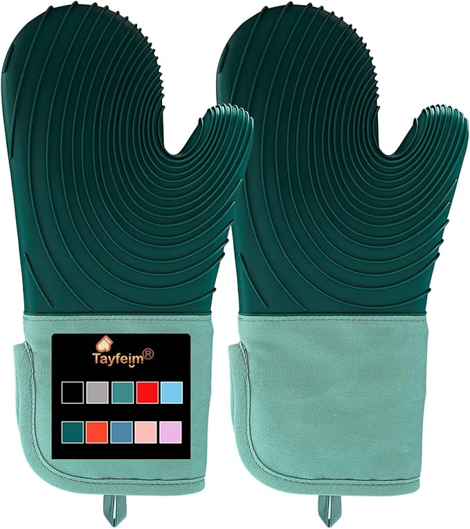 Silicone Oven Mitts-13.6 in Extended Oven Mitts Heat Resistant 500F, Oven Gloves with Soft Liner Good Grippy BPA-Free Easy to Clean Flexible-Oven Mits Set for Cooking Baking Grilling BBQ by Tayfeim