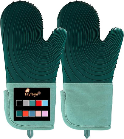 Silicone Oven Mitts-13.6 in Extended Oven Mitts Heat Resistant 500F, Oven Gloves with Soft Liner Good Grippy BPA-Free Easy to Clean Flexible-Oven Mits Set for Cooking Baking Grilling BBQ by Tayfeim
