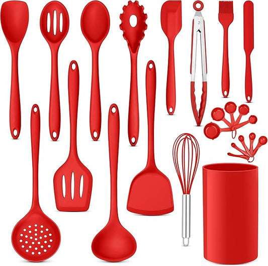 E-far Silicone Cooking Utensils Set, 24Pcs Heat Resistant Kitchen Utensil with Holder, Silicone Kitchen Tools with Spatula Turner Spoon Tongs Whisk, Non-Toxic & Dishwasher Safe (Red) by E-far