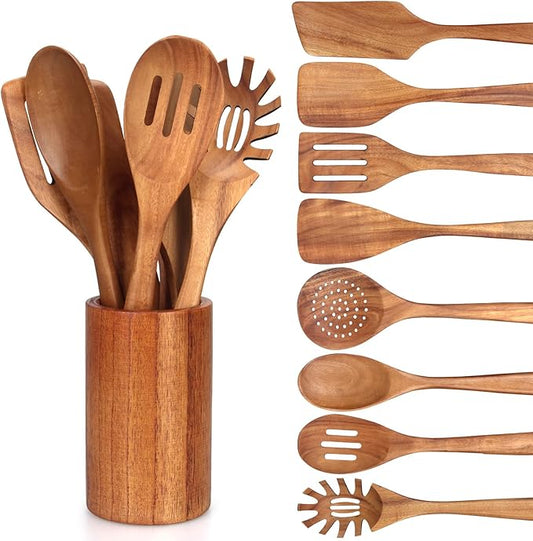 9 Pcs Wooden Spoons for Cooking Utensils with Utensil Holder Teak Wood Kitchen Utensils Set Flat Wooden Spatula Cooking Mixing Spoons Spaghetti Spoon Slotted Turner Scraper Spatula Large Utensils by Renawe