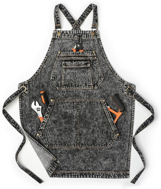Jeanerlor - Cotton Denim Shop Black Tool Aprons with Pockets for Men - Jean Work Aprons for Men Cross Straps & Adjustable L to XXL by Jeanerlor