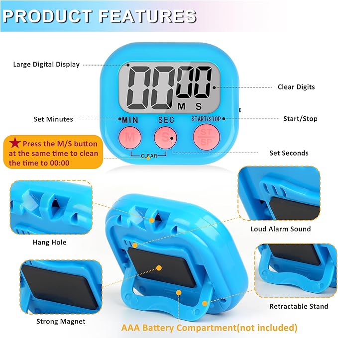 ZILLEEN Classroom Timer for Kids Teachers 6 Pack Digital Timers, Blue & White - Image 7