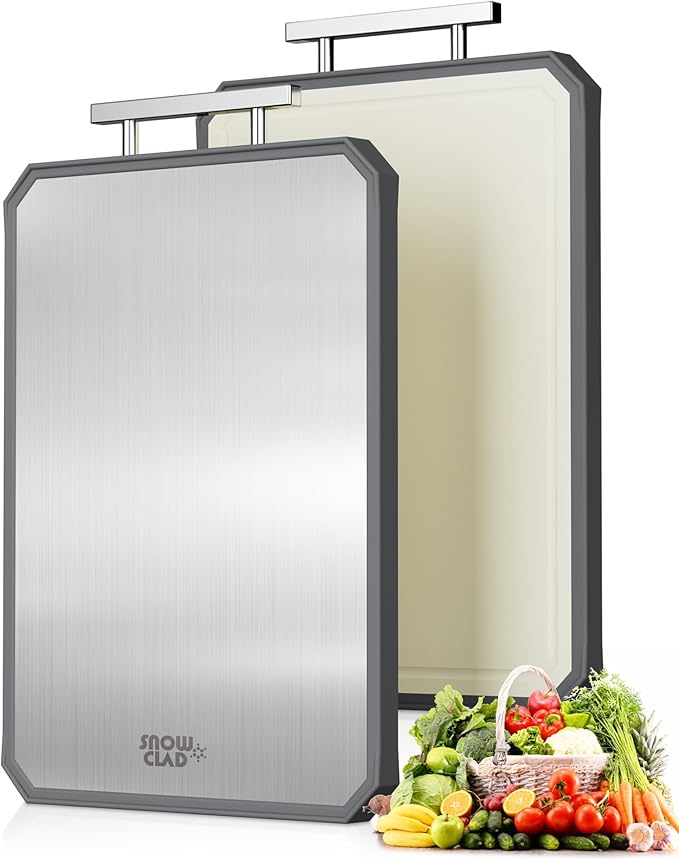 SNOWCLAD Stainless Steel Cutting Board,Double Sided Steel Bread Boards for kitchen,Stainless Steel/Wheat straw pp Large Board for meat,non toxic Chopping,16 * 11 Inch,Dishwasher Safe by SC-LLC