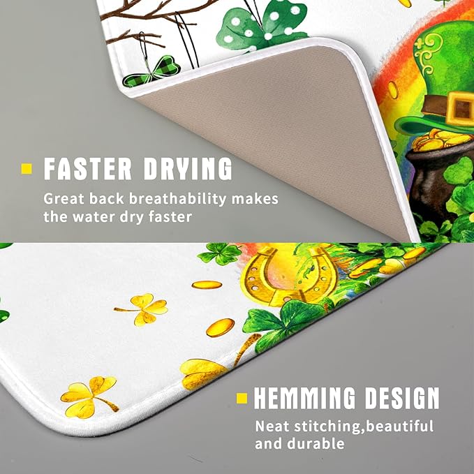 Giwawa St Patrick Dish Drying Mat Small Lucky Clover Tree Shamrock Dish Drainer Mats 16x18inch Spring Elf Hat Rainbow Colorful Fast Drying Absorbent Dish Drying Pad for Kitchen Counter Decor