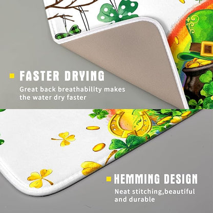 Giwawa St Patrick Dish Drying Mat Small Lucky Clover Tree Shamrock Dish Drainer Mats 16x18inch Spring Elf Hat Rainbow Colorful Fast Drying Absorbent Dish Drying Pad for Kitchen Counter Decor