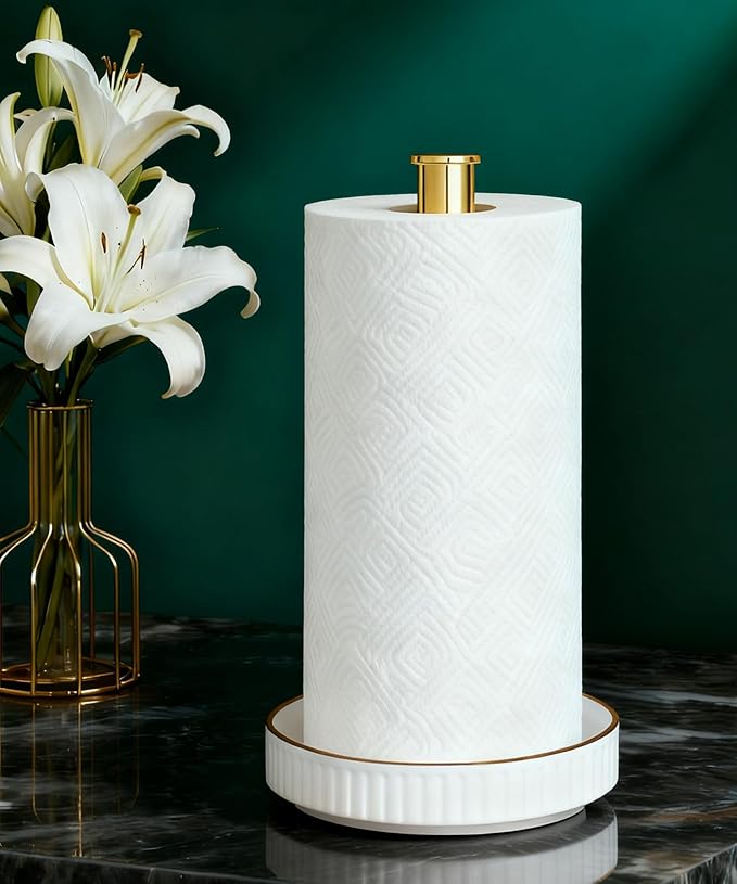 VROOMIUM Paper Towel Holder Countertop, Gold and Ceramic Base Easy-to-Clean, Fits Double to Family Rolls, Elegant and Durable Kitchen Roll Stand, Lux-Gold