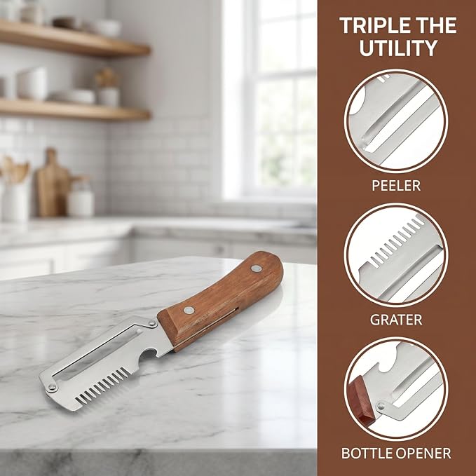 2PCS Multifunctional Vegetable Peeler, 3 in 1 Multi Functional Wooden Handle Peeler, Grater and Bottle Opener, Kitchen Gadgets for Potato, Carrot, Pumpkin, Apple - Image 3