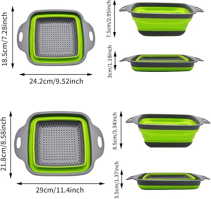 2 PCS Collapsible Colander, Collapsible Strainers for Kitchen, 11.5 inch Silicone Strainer and 9.5 inch Silicone Colander for Draining Vegetable fruit, Kitchen Food Strainer, Blue (Green) - Image 2