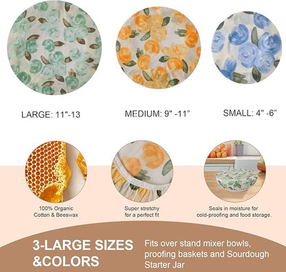 Reusable Bowl Covers for Bread Proofing - Beeswax Bowl Covers Reusable 3 Set, Cotton Blend Stretch Design, Fits 4-13 Inch Bowls, Shower Caps for Sourdough Bread, Dough Proofing & Food Storage（Roses）