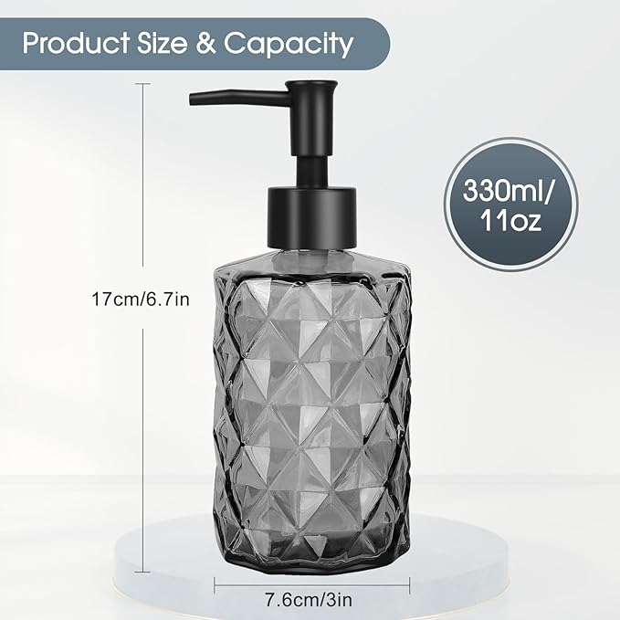 Topsky Glass Soap Dispenser with Plastic Pump, 330ml Liquid Hand Soap Dispenser, Rustproof Pump for Kitchen & Bathroom, Great for Lotions, Essential Oil, Liquid Soaps Clear Black - Image 4
