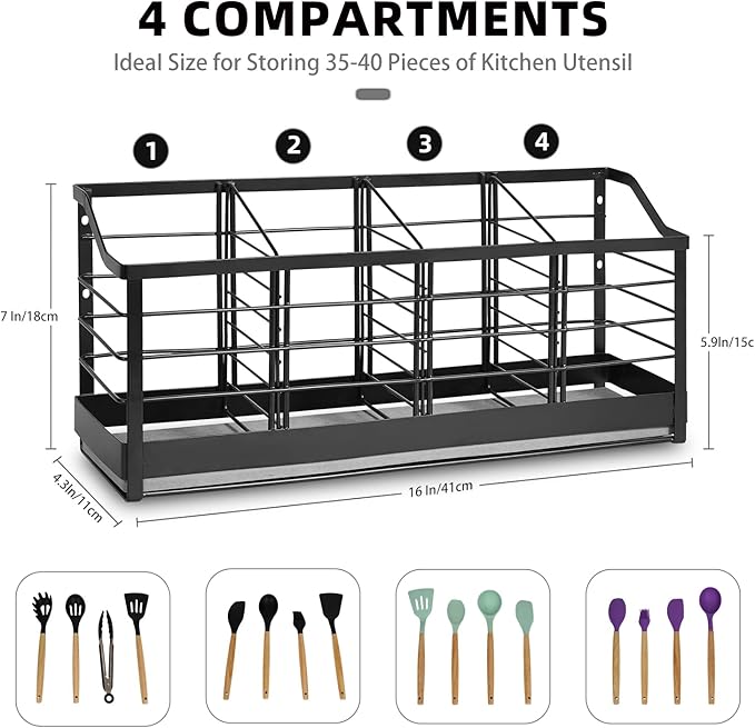 Large Kitchen Utensil Holder with Diatomite Base – Wall-Mountable Utensil Caddy with 4 Compartments – Fast-Drying Matte Black Utensil Organizer for Kitchen Countertop or Wall - Image 2