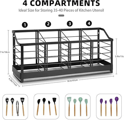 Large Kitchen Utensil Holder with Diatomite Base – Wall-Mountable Utensil Caddy with 4 Compartments – Fast-Drying Matte Black Utensil Organizer for Kitchen Countertop or Wall - Image 2