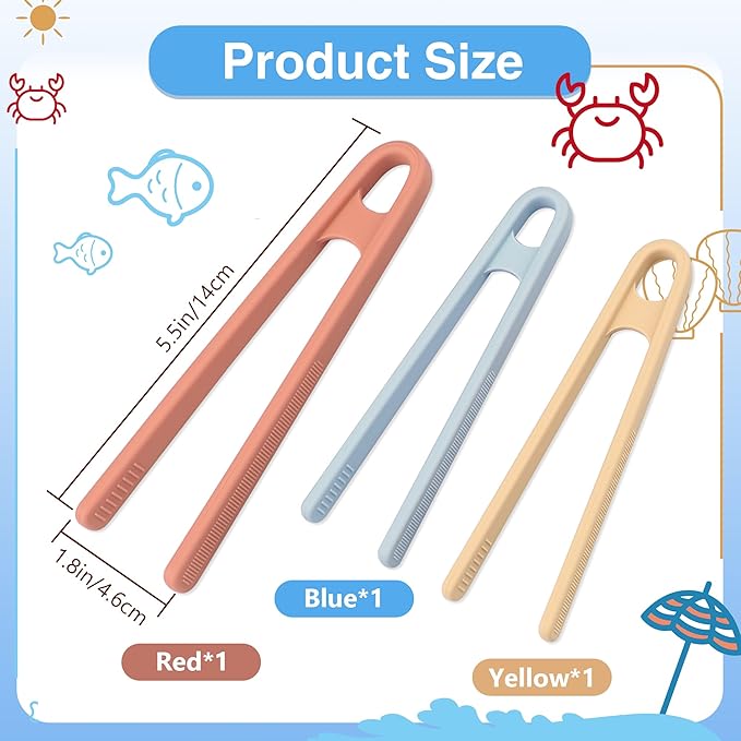 3 Pcs Silicone Mini Tongs 5.5 Inch 3 Colors Small Toddler Tongs, Silicone Toddler Tong for Fine Motor Skills Preschool Sensory Toys and Accessories