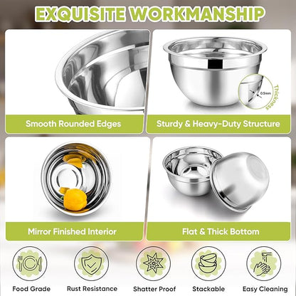 TeamFar Mixing Bowls, 4.5/3/1.5/1/0.7 QT, Stainless Steel Metal Nesting Salad Bowl with Lid Set of 5, Ideal for Prepping Serving, Healthy & Sturdy, Airtight Lid & Easy Clean, Multi-Color - Image 4