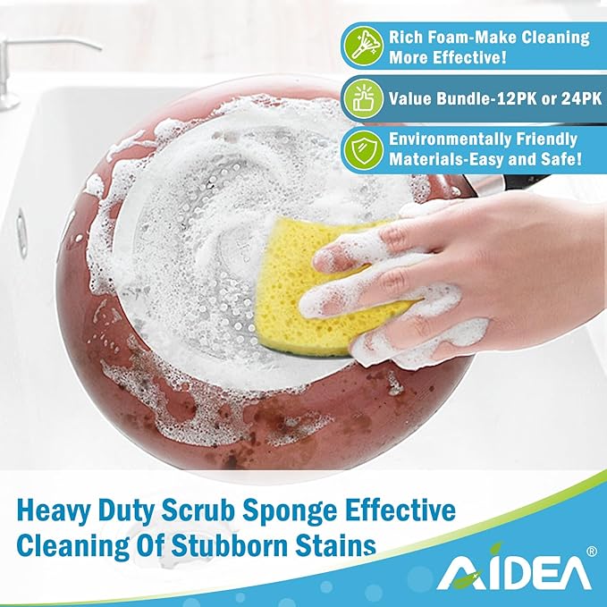 AIDEA Sponges Kitchen, Heavy Duty Scrub Sponge-24Count, Sponges for Dishes, Cellulose Dish Sponge, Scrubbing Power for Tough Messes, Cleaning Power for Non-Coated Cookware, Dishes, Pots, Pans - Image 5