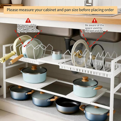Pots and Pans Organizer Under Cabinet, Expandable Length, Adjustable Height Under Sink Shelf 2 Tier with 10 Dividers Under Cabinet Shelf, Pot and Pan Lid Holder Rack (White)