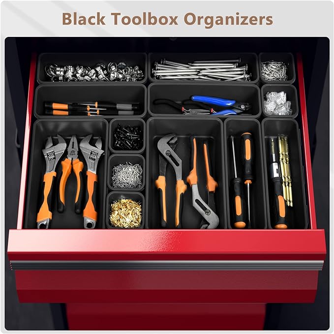 A-LuGei【 & 5 Size Tool Box Organizer Tray Divider Set, 【Black】 Bathroom Drawer Organizer Bin, Garage Organization and Storage Toolbox Rolling Tool Chest Cart Cabinet WorkBench Small Part - Image 4
