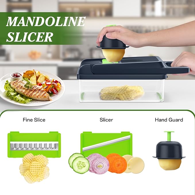 HomeHacks Vegetable Chopper Vegetable Cutter, 12 in 1 Kitchen Gadget, Dicer, Slicer, Onion Cutter, Salad, Cheese Grater & Egg Separator - Multi-Functional Veggie Chopper Lid with Handle (Green) - Image 4