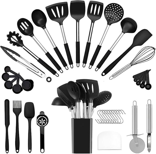 40 Pcs Kitchen Utensils Set Silicone Cooking, 446℉ Heat Resistance Stainless Steel Metal, Spaghetti Spoon Cookware Utensils, Rubber Tools Nonstick Kitchenware Can Dishwasher Safe by InspiredLivingKitchenHealth