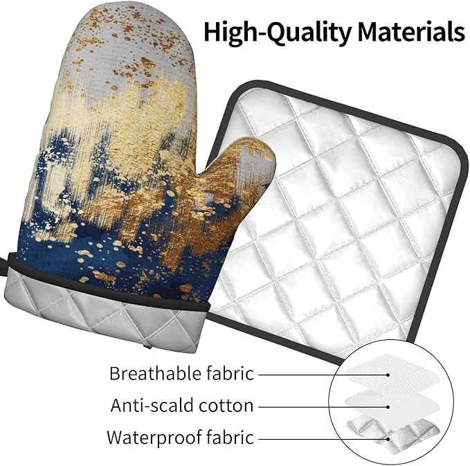 Blue and Gold Watercolor Abstract Oven Mitts and Pot Holder Sets of 3, Non-Slip Heat Resistant Decor Navy Kitchen Gloves with Hanging Loop for Cooking Baking Grilling, Kitchen Gifts for Cooking Lover - Image 8