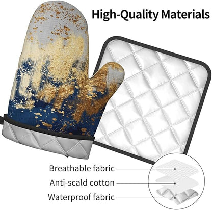 Blue and Gold Watercolor Abstract Oven Mitts and Pot Holder Sets of 3, Non-Slip Heat Resistant Decor Navy Kitchen Gloves with Hanging Loop for Cooking Baking Grilling, Kitchen Gifts for Cooking Lover - Image 8