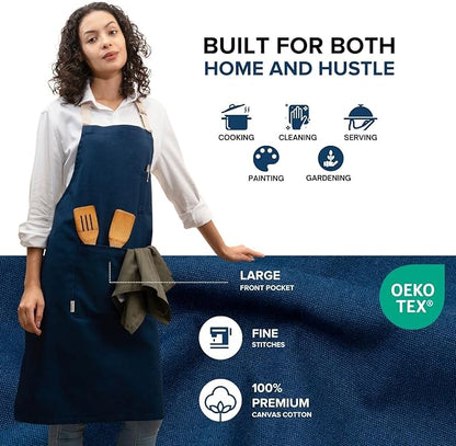 Cotton Canvas Apron for Women & Men – Adjustable Neck Strap & Waist Ties with Pockets