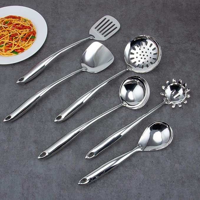VALESKA 6PCS Stainless Steel Cooking Utensils Set,Metal Kitchen Utensils Set, Include Wok Spatula Stainless Steel,Metal Pasta Spoon and etc,Easy to Clean - Image 8