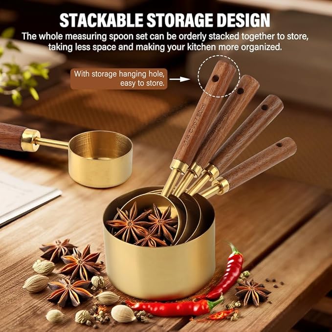 8Pcs Gold Measuring Cups and Spoons Set, Golden Stainless Steel Measuring Cups with Wooden Handle and 4 Measuring Spoons Set for Kitchen Baking Cooking - Image 4