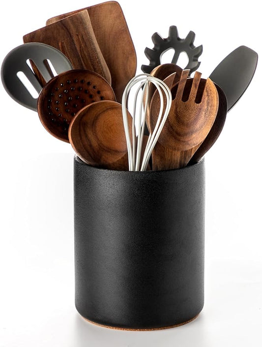 Nucookery Utensil Holder, 6.4" Ceramic Kitchen Utensil Holder with Countertop-Protection Cork Bottom, Farmhouse Kitchen Decor for Counter, Christmas Gift (Stone Black) by Nucookery