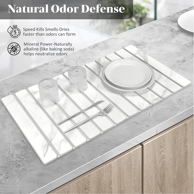 Large Stone Dish Drying Mats for Kitchen Counter, 28"(L)×16"(W) Marble-Pattern, Collapsible Quick Drying Dish Mats, Ultra Absorbent Diatomaceous Earth Mats for Dishes , Match Any Countertop - Image 3