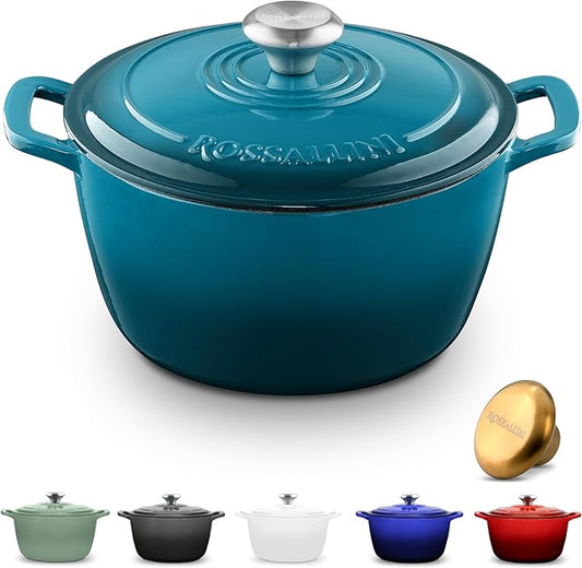 ROSSALLINI Signature Enameled Cast Iron Dutch Oven, Non-Stick Serving Pot with Tight Fitting Lid for Perfect Roasting, Baking, Sauteing, and Bread Making | 3.5Q (3.3L) - Ocean Blue