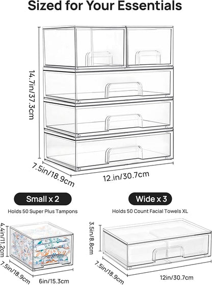 Vtopmart Clear Stackable Storage Drawers Set of 5, Plastic Organizer Bins for Makeup, Cosmetics, Beauty Supplies,Ideal for Vanity, Bathroom,Cabinet,Pantry Organization - Image 2
