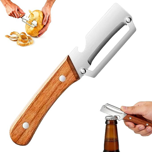 Multifunctional Vegetable Peeler with Bottle Opener, Wood Handle Stainless Steel Peeler Knife, 2 in 1 Vegetable and Fruit Peeler & Kitchen Tool for Potato, Pumpkin, Apple, Papaya, Carrot, Sugarcane