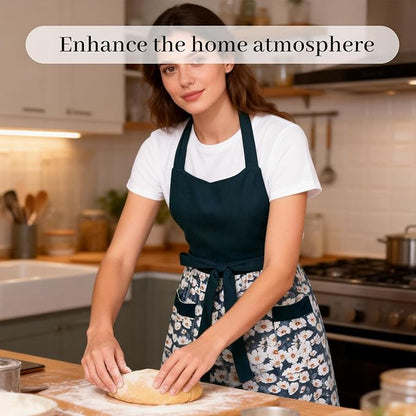 Cute Floral Aprons for Women with Pockets,Cotton Adjustable Neck Strap Apron for Kitchen Cooking Baking Gardening