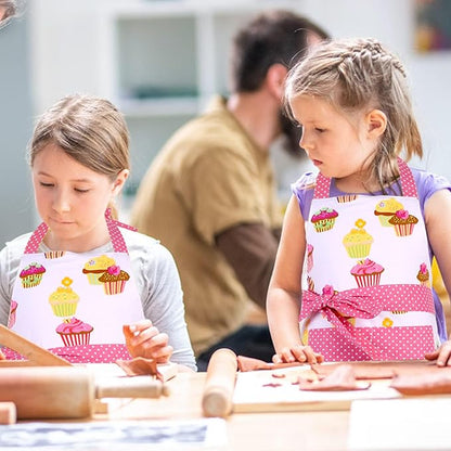 G2PLUS Kid Cotton Aprons, Toddler Apron with Pocket, Pink Cupcake Child Apron for Girls, Cooking, Baking, Kitchen, Art Craft Use