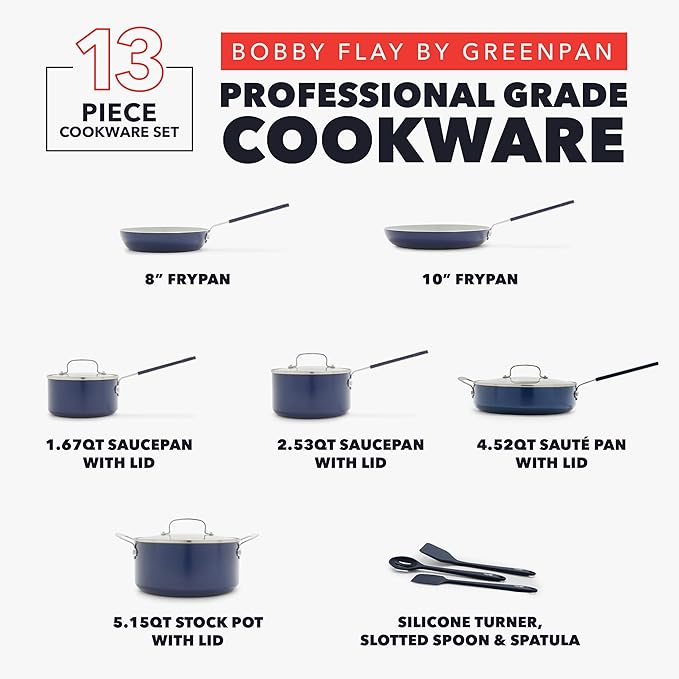 GreenPan x Bobby Flay 13 Piece Nonstick Cookware Pots and Pans Set, PFAS-Free Diamond Ceramic, Induction Suitable, Easy Clean Dishwasher & Oven Safe, Stay-Cool Silicone Handles, Glass Lids, Navy Blue - Image 3