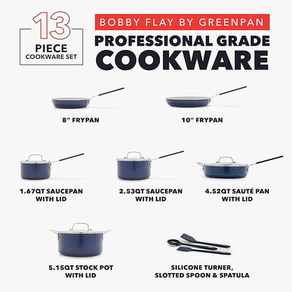 GreenPan x Bobby Flay 13 Piece Nonstick Cookware Pots and Pans Set, PFAS-Free Diamond Ceramic, Induction Suitable, Easy Clean Dishwasher & Oven Safe, Stay-Cool Silicone Handles, Glass Lids, Navy Blue - Image 3