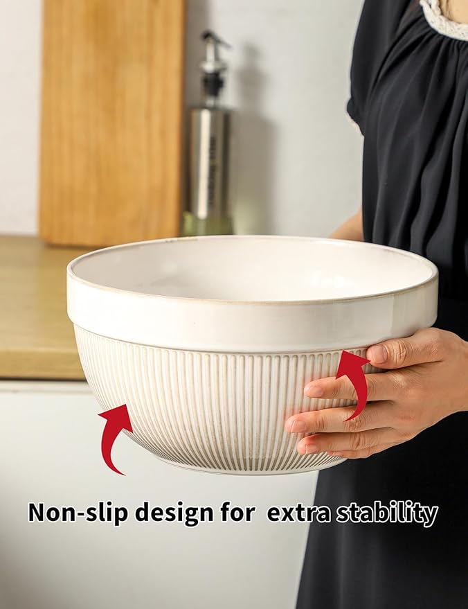 Large Ceramic Mixing Bowls, Glazed White Kitchen Bowl (10"/8"/6"), Set of 3 Nesting Bowls for Baking, Cooking, Serving, Prepping, Dough Kneading, Microwave and Dishwasher Safe - Image 5