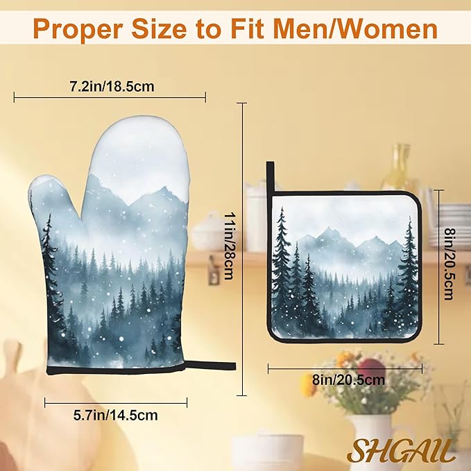 Winter Forest Oven Mitts and Heat Resistant Pads - Heat Resistant Gloves Potholder Set of 4 for Cooking, BBQ, Gifts for Women