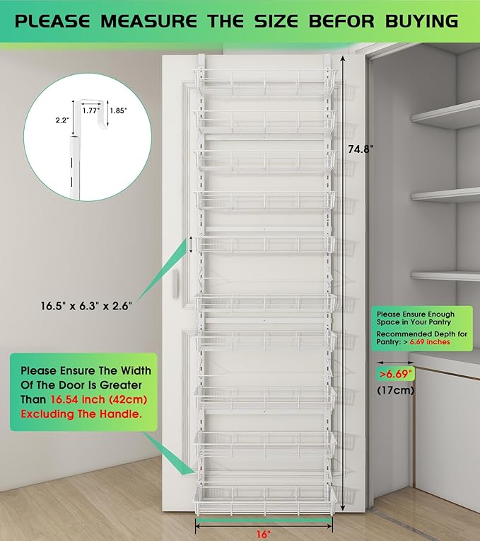 Mefirt White 10-Tier Over The Door Pantry Organizer, Pantry Organization and Storage, Metal Hanging Adjustable Basket, Wall Spice Rack Seasoning Shelves, Home & Kitchen Essentials - Image 2