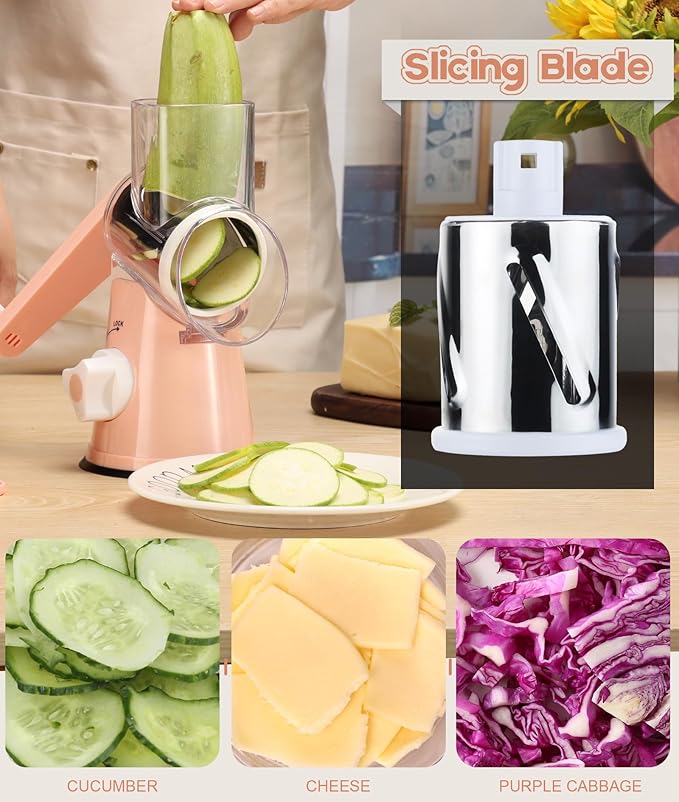 Ourokhome Rotary Cheese Grater Hand Crank, Kitchen Shredder Speed Mandolin Slicer Nuts Grinder with Handle and Drum Blades for Cheese, Vegetable, Walnuts, Chocolate, Potato, Carrot, 3 Blades, Pink - Image 3